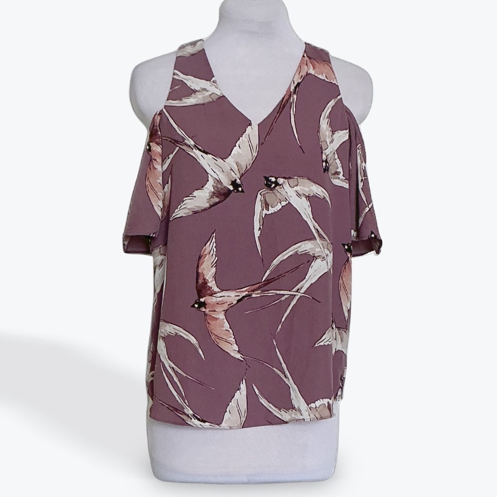 Ann Taylor Factory XXSP Mauve Bird Print‎ Cold Shoulder Flutter Sleeve Blouse